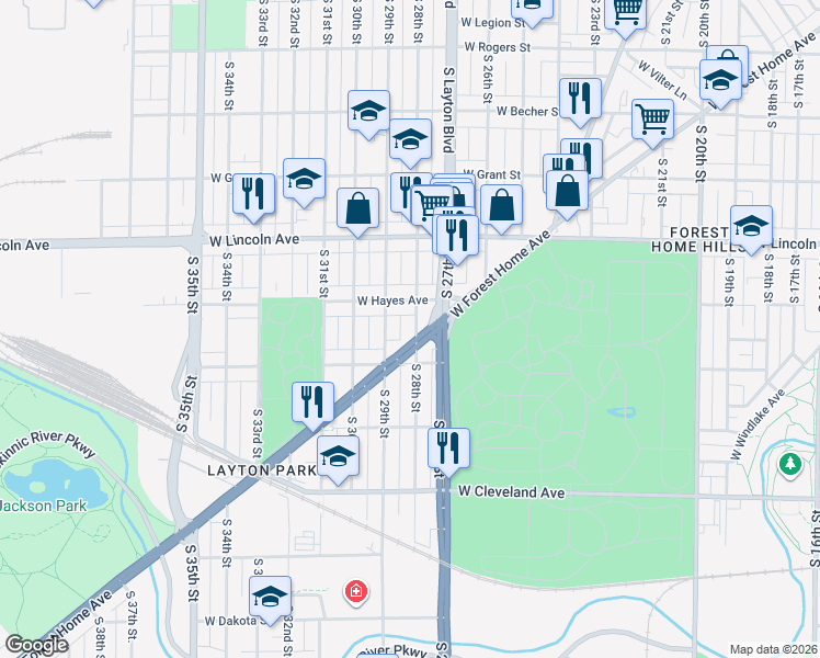 map of restaurants, bars, coffee shops, grocery stores, and more near 2800 West Forest Home Avenue in Milwaukee