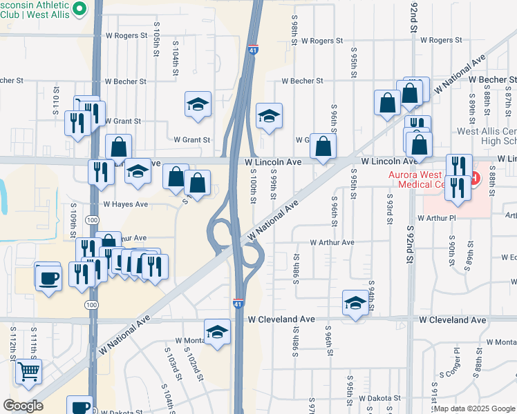 map of restaurants, bars, coffee shops, grocery stores, and more near 2412 South 100th Street in West Allis