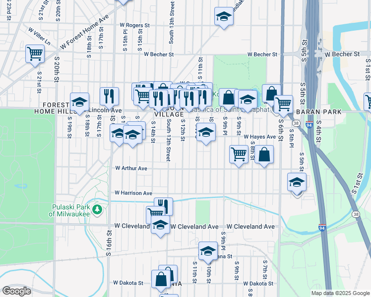 map of restaurants, bars, coffee shops, grocery stores, and more near 2434 South 12th Street in Milwaukee