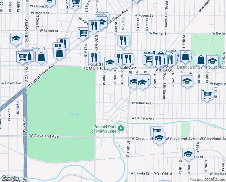 map of restaurants, bars, coffee shops, grocery stores, and more near 2433 South 18th Street in Milwaukee