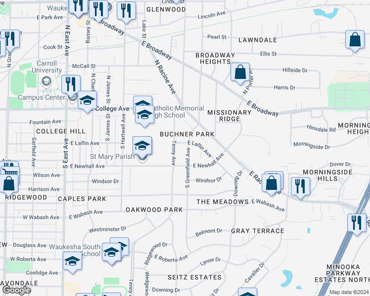 map of restaurants, bars, coffee shops, grocery stores, and more near 224 South Greenfield Avenue in Waukesha
