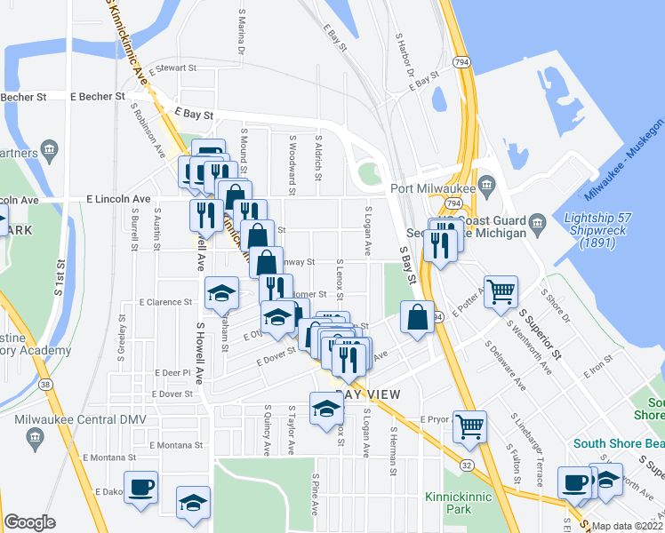 map of restaurants, bars, coffee shops, grocery stores, and more near 831 East Conway Street in Milwaukee