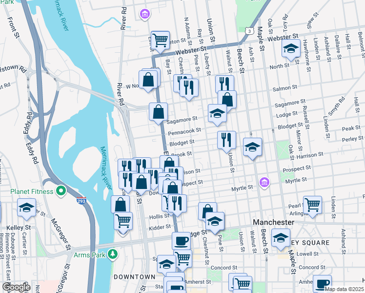 map of restaurants, bars, coffee shops, grocery stores, and more near 23 Blodget Street in Manchester
