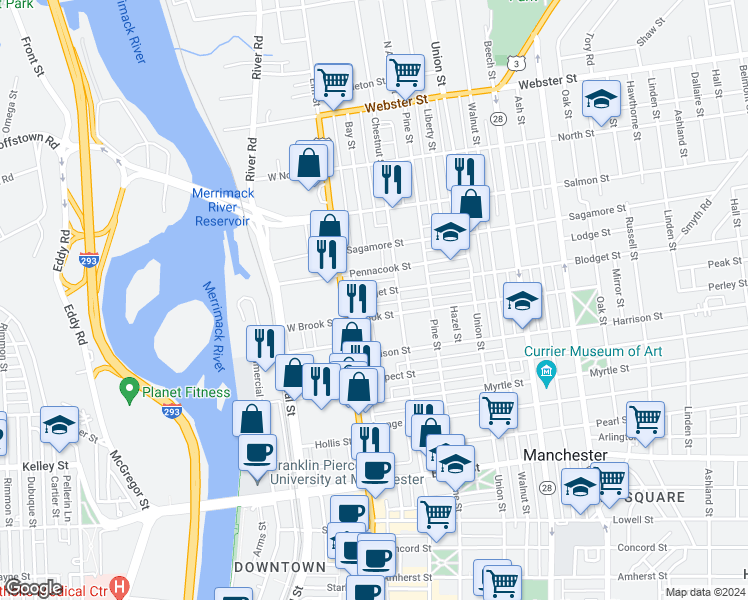 map of restaurants, bars, coffee shops, grocery stores, and more near 23 Blodget Street in Manchester