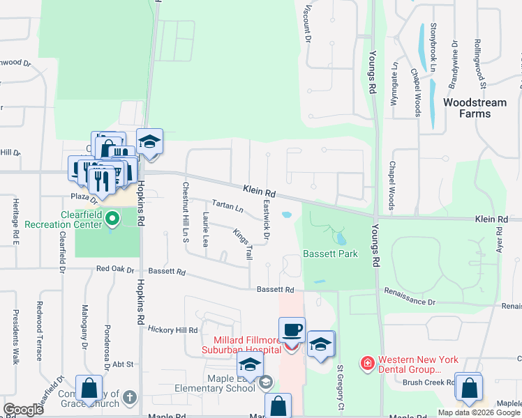 map of restaurants, bars, coffee shops, grocery stores, and more near 23 Eastwick Drive in Buffalo