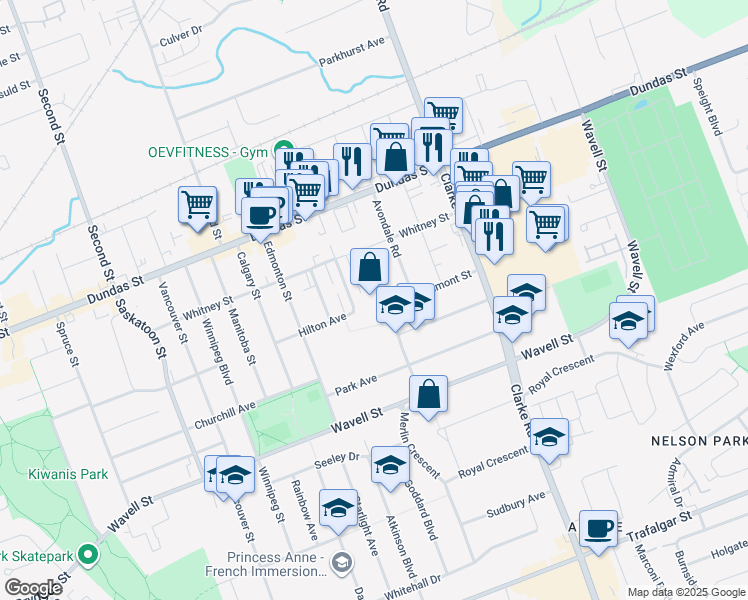 map of restaurants, bars, coffee shops, grocery stores, and more near 1830 Dumont Street in London