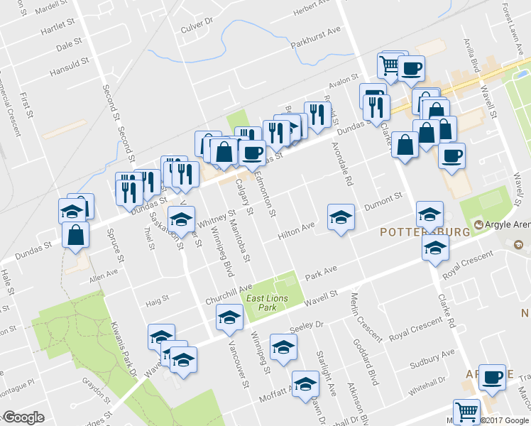 map of restaurants, bars, coffee shops, grocery stores, and more near 363 A Edmonton Street in London
