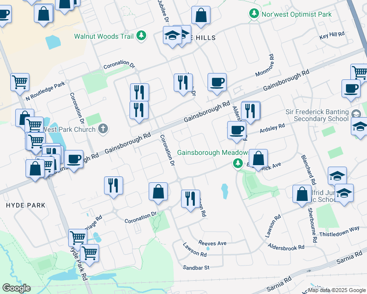 map of restaurants, bars, coffee shops, grocery stores, and more near 1635 Mickleborough Court in London