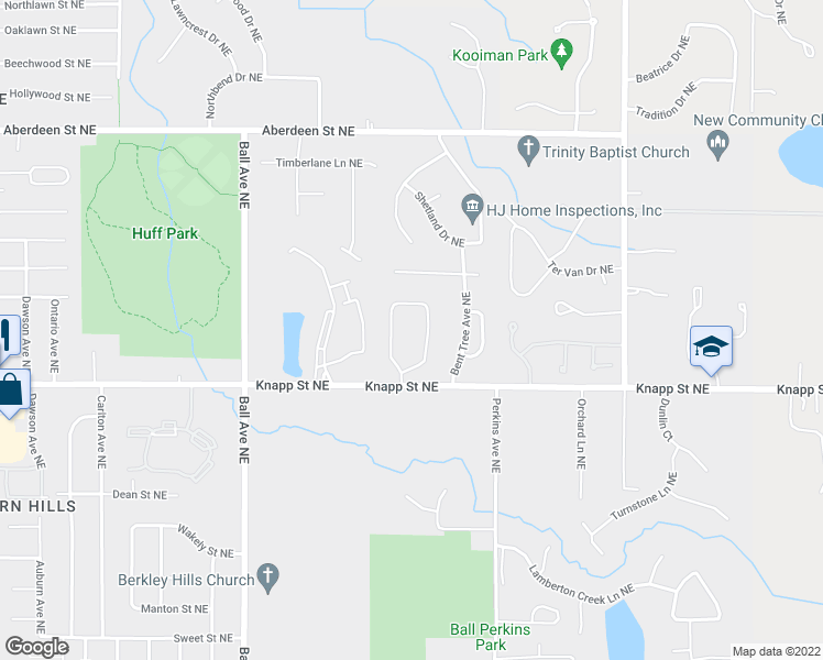 map of restaurants, bars, coffee shops, grocery stores, and more near 2104 East Wyndham Hill Drive Northeast in Grand Rapids