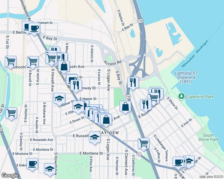 map of restaurants, bars, coffee shops, grocery stores, and more near 939 East Conway Street in Milwaukee