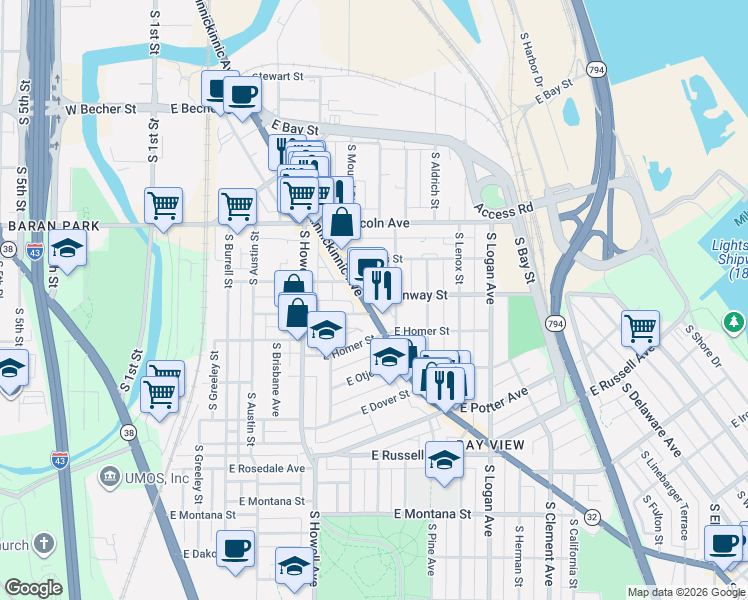 map of restaurants, bars, coffee shops, grocery stores, and more near 625 East Conway Street in Milwaukee