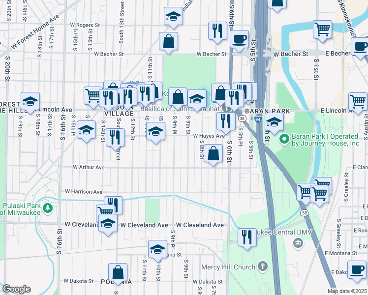 map of restaurants, bars, coffee shops, grocery stores, and more near 2428A South 9th Street in Milwaukee