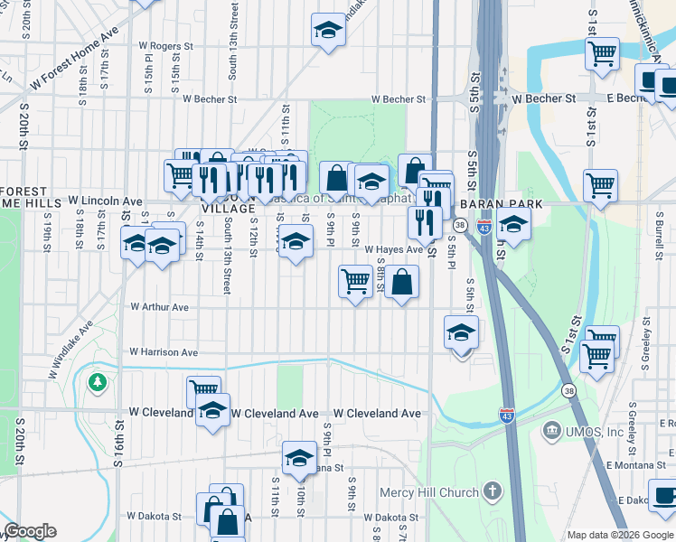 map of restaurants, bars, coffee shops, grocery stores, and more near 2435 South 9th Place in Milwaukee