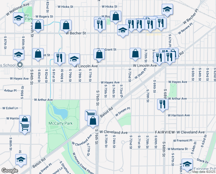 map of restaurants, bars, coffee shops, grocery stores, and more near 2421 South 75th Street in West Allis