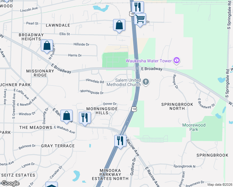 map of restaurants, bars, coffee shops, grocery stores, and more near W227S2459 Morningside Circle in Waukesha