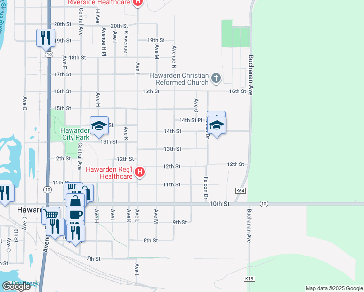 map of restaurants, bars, coffee shops, grocery stores, and more near 1309 13th Street in Hawarden