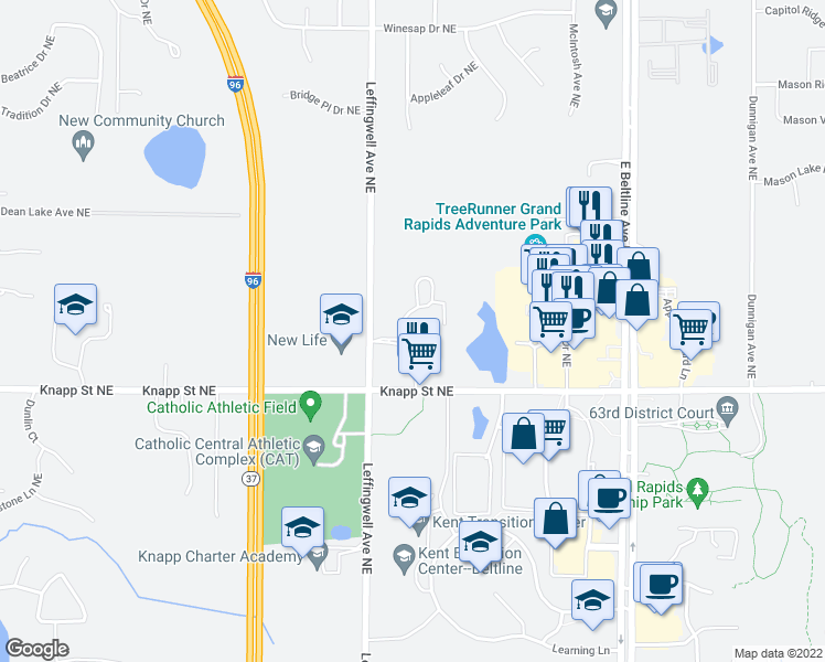 map of restaurants, bars, coffee shops, grocery stores, and more near 2039 Celadon Drive Northeast in Grand Rapids