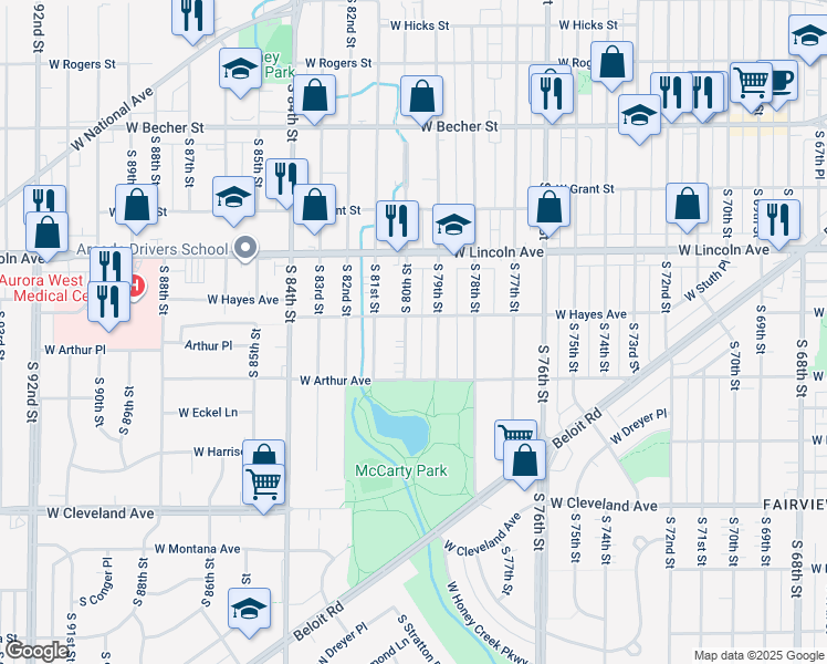 map of restaurants, bars, coffee shops, grocery stores, and more near 2416 South 80th Street in West Allis
