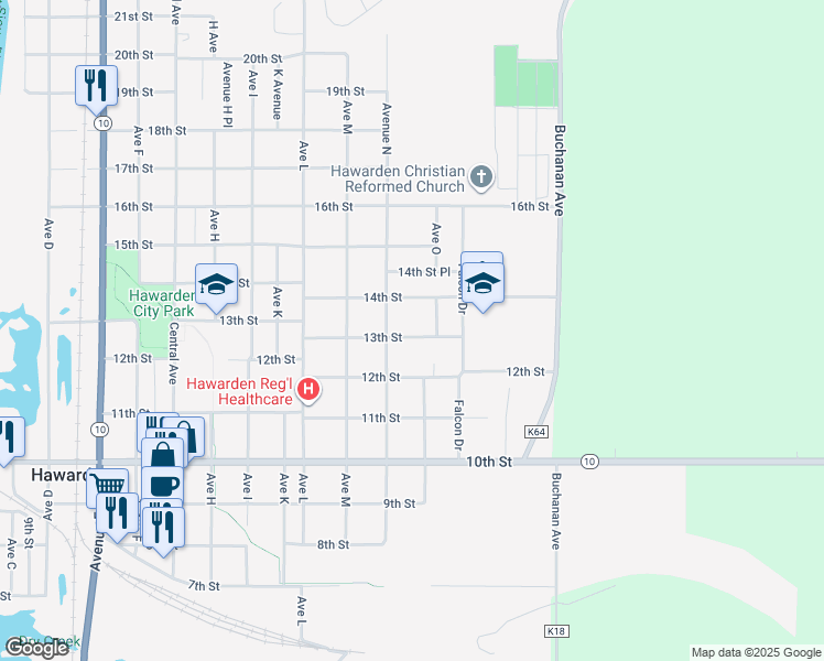 map of restaurants, bars, coffee shops, grocery stores, and more near 1309 13th Street in Hawarden