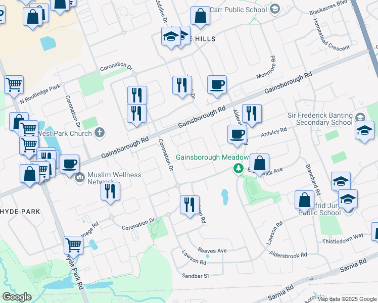 map of restaurants, bars, coffee shops, grocery stores, and more near 1635 Mickleborough Court in London