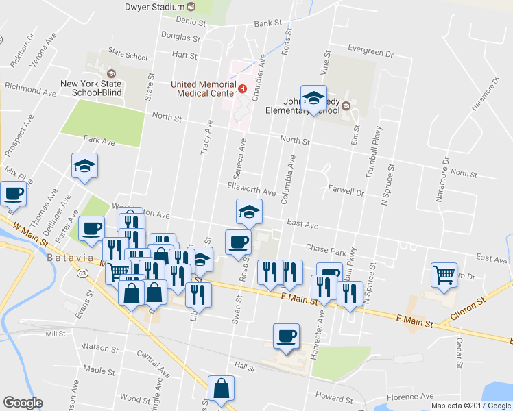 map of restaurants, bars, coffee shops, grocery stores, and more near 118 Ross Street in Batavia