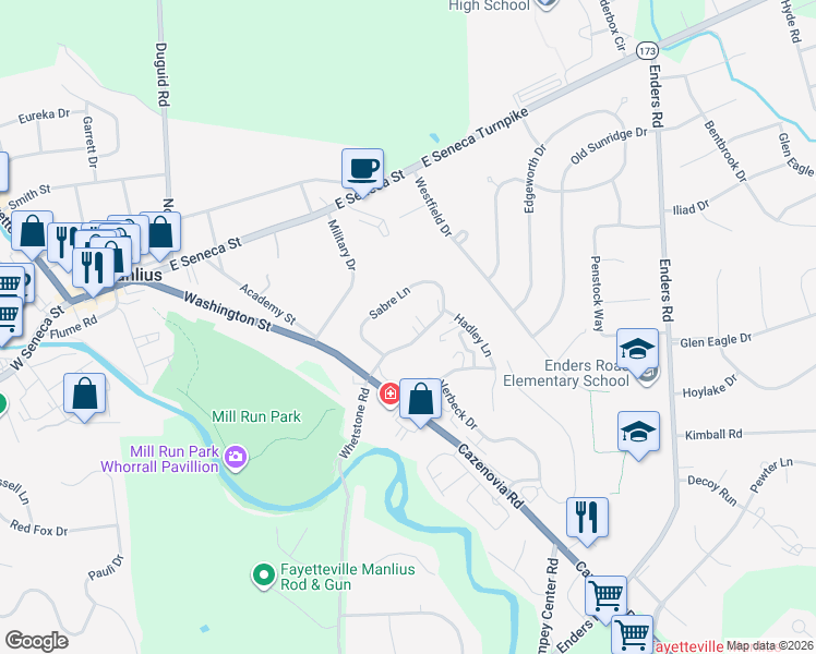 map of restaurants, bars, coffee shops, grocery stores, and more near 4632 Emblem Circle in Manlius