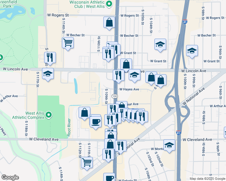 map of restaurants, bars, coffee shops, grocery stores, and more near 2401 Wisconsin 100 in West Allis