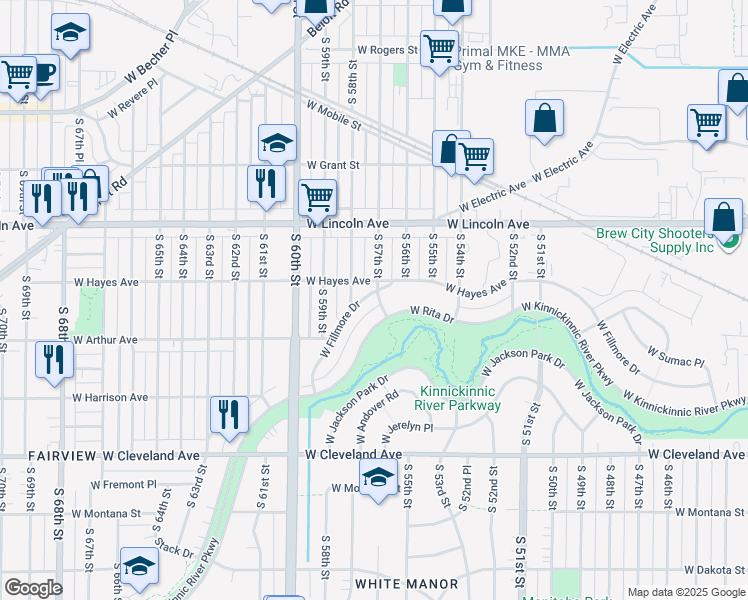 map of restaurants, bars, coffee shops, grocery stores, and more near 5707 West Fillmore Drive in West Allis