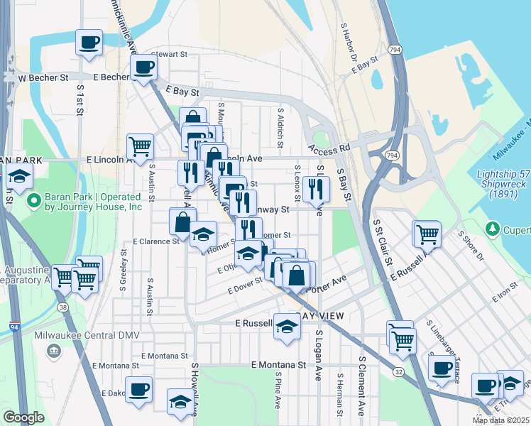 map of restaurants, bars, coffee shops, grocery stores, and more near 723 East Conway Street in Milwaukee