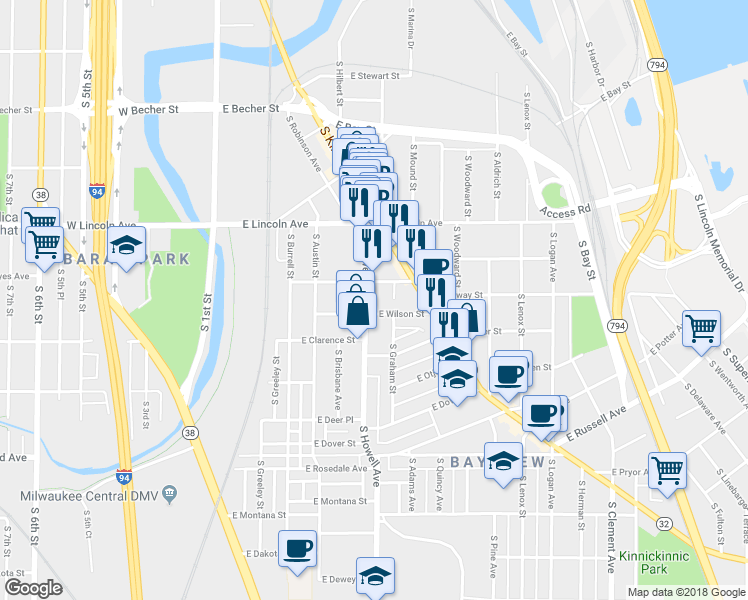map of restaurants, bars, coffee shops, grocery stores, and more near 2424 South Howell Avenue in Milwaukee