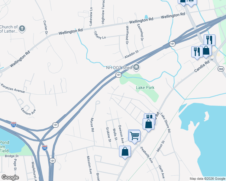 map of restaurants, bars, coffee shops, grocery stores, and more near 89 Sunset Way in Manchester