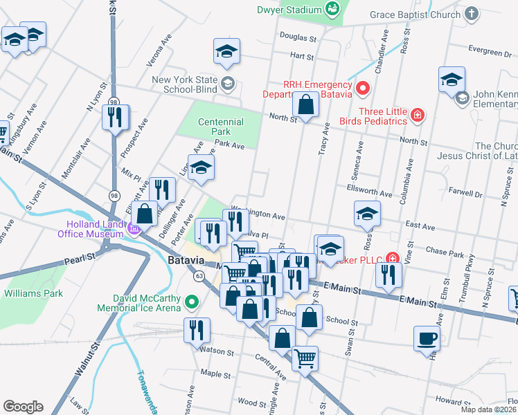map of restaurants, bars, coffee shops, grocery stores, and more near 107 Washington Avenue in Batavia
