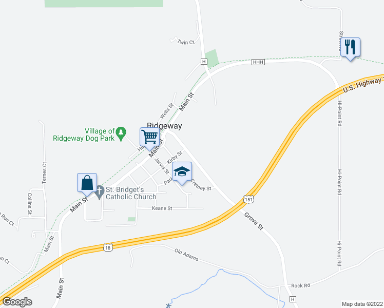 map of restaurants, bars, coffee shops, grocery stores, and more near 207 County Highway H in Ridgeway