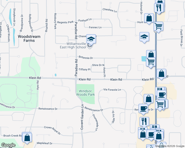 map of restaurants, bars, coffee shops, grocery stores, and more near 64 Shire Dr S in East Amherst