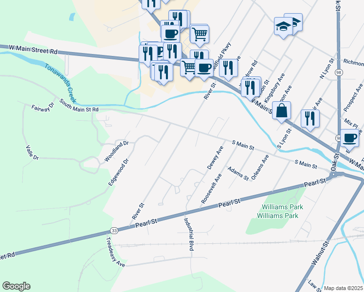 map of restaurants, bars, coffee shops, grocery stores, and more near 49 River Street in Batavia