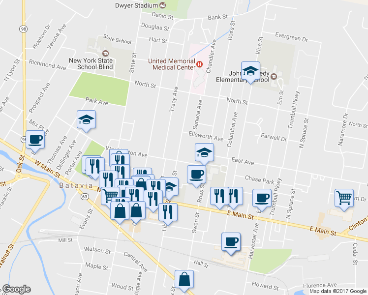 map of restaurants, bars, coffee shops, grocery stores, and more near 114 Summit Street in Batavia