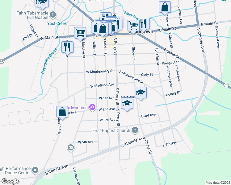 map of restaurants, bars, coffee shops, grocery stores, and more near 311 South Perry Street in Johnstown