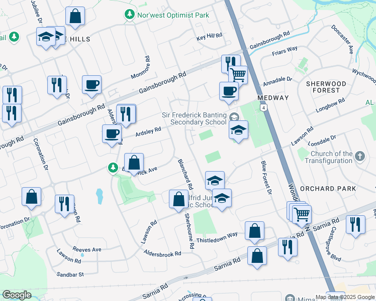 map of restaurants, bars, coffee shops, grocery stores, and more near 1319 Limberlost Road in London