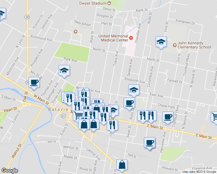 map of restaurants, bars, coffee shops, grocery stores, and more near 5 Tracy Avenue in Batavia