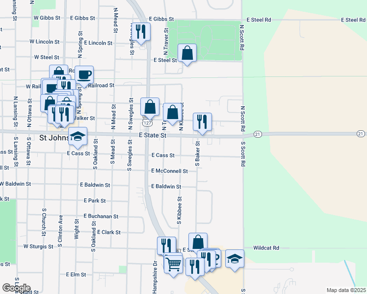 map of restaurants, bars, coffee shops, grocery stores, and more near 105 South Kibbee Street in Saint Johns