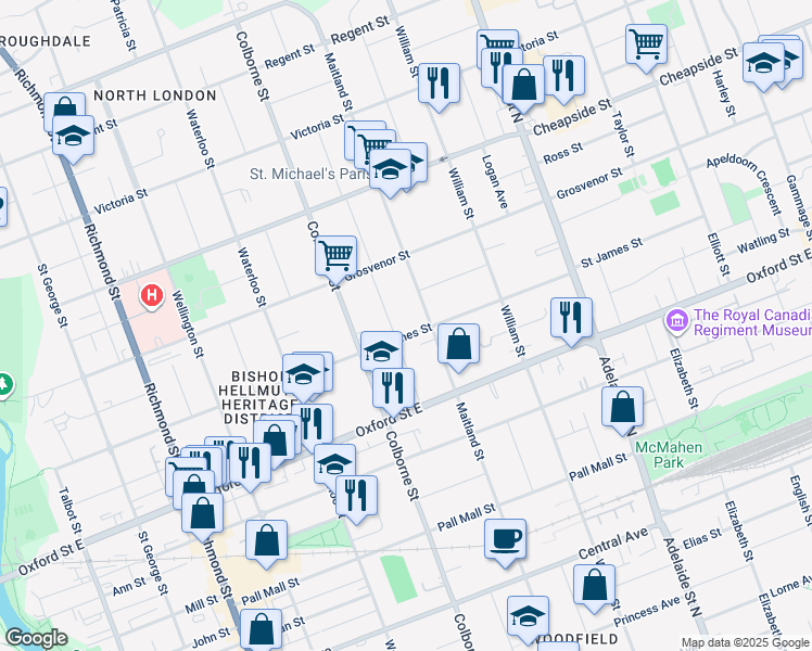 map of restaurants, bars, coffee shops, grocery stores, and more near 450 Saint James Street in London