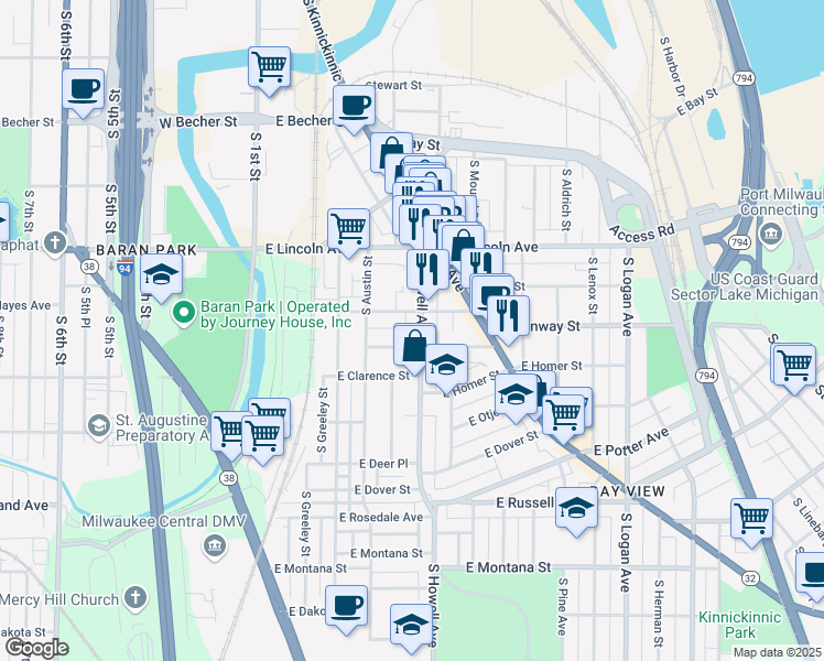 map of restaurants, bars, coffee shops, grocery stores, and more near 2421 South Howell Avenue in Milwaukee