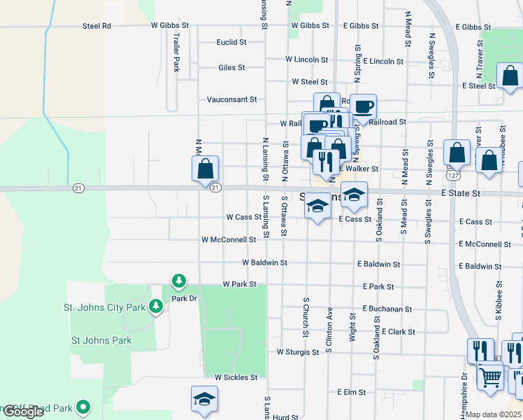 map of restaurants, bars, coffee shops, grocery stores, and more near 124 South Lansing Street in Saint Johns
