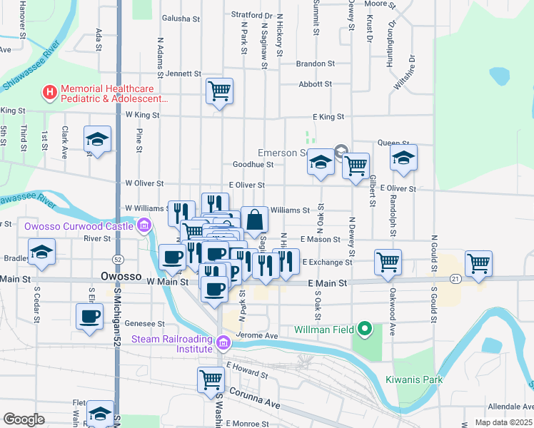 map of restaurants, bars, coffee shops, grocery stores, and more near 332 North Saginaw Street in Owosso