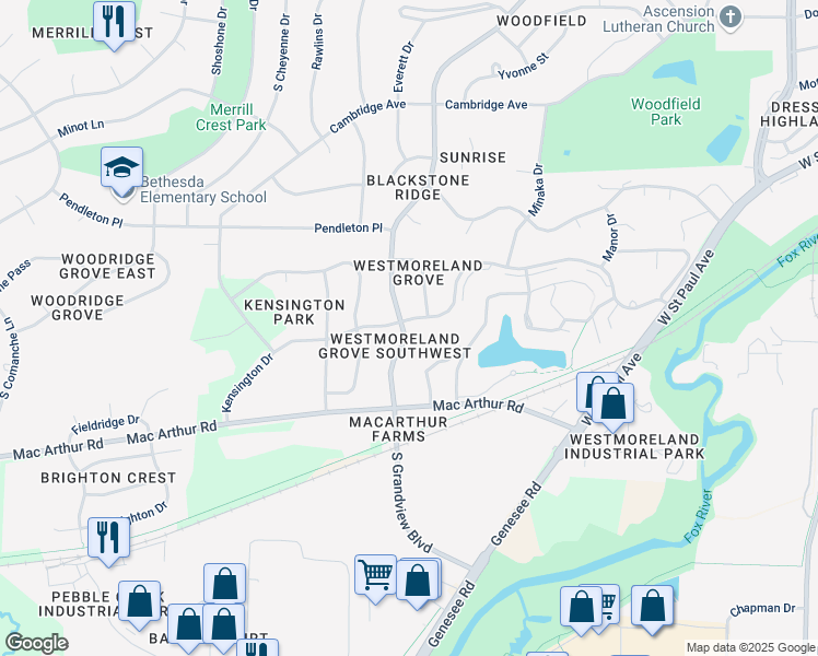 map of restaurants, bars, coffee shops, grocery stores, and more near 2301 Kensington Drive in Waukesha