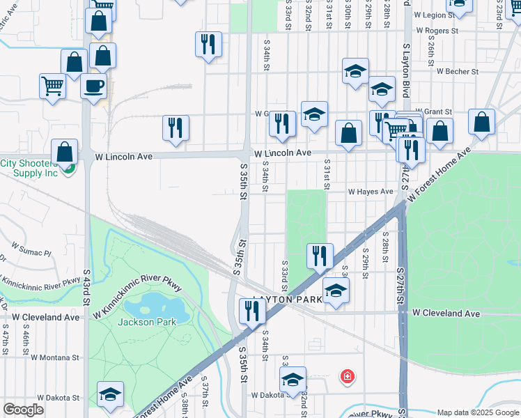 map of restaurants, bars, coffee shops, grocery stores, and more near 2431 South 34th Street in Milwaukee