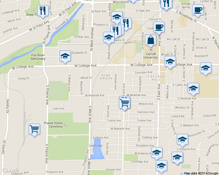 map of restaurants, bars, coffee shops, grocery stores, and more near 242 Hinman Avenue in Waukesha