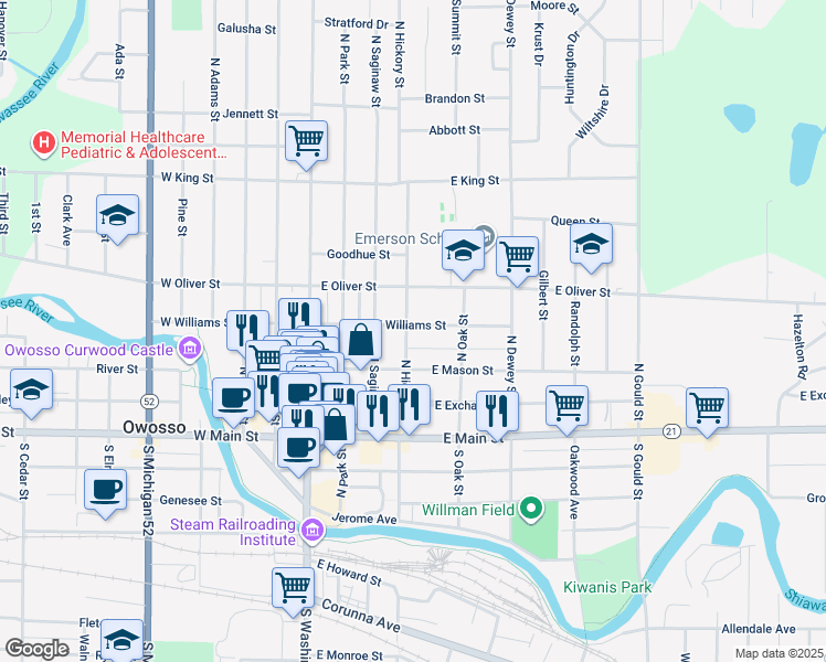 map of restaurants, bars, coffee shops, grocery stores, and more near 334 North Hickory Street in Owosso