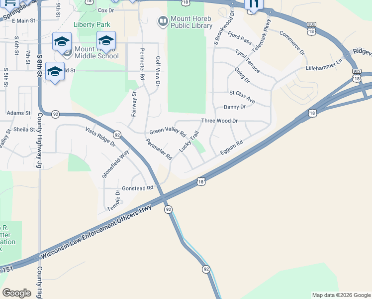 map of restaurants, bars, coffee shops, grocery stores, and more near 605 Lucky Trail in Mount Horeb