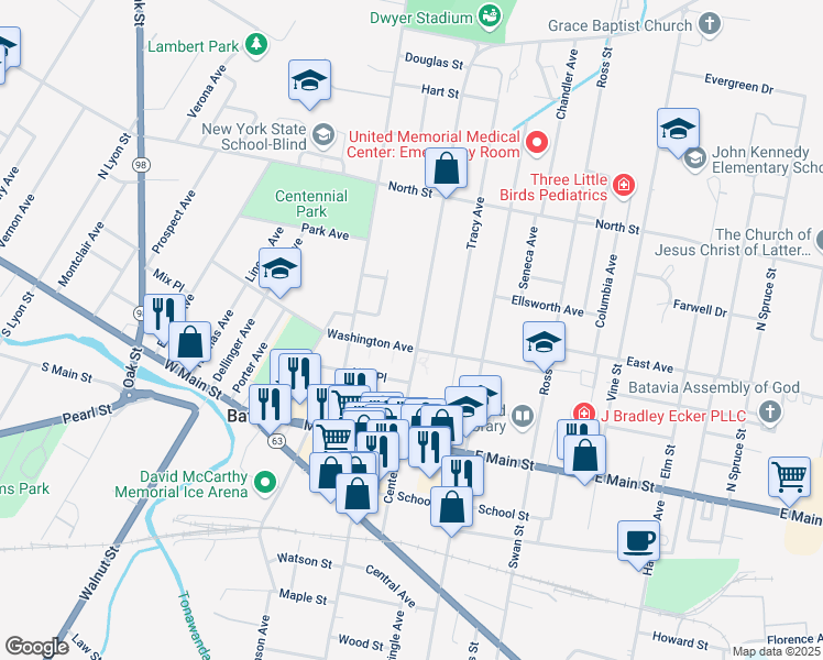 map of restaurants, bars, coffee shops, grocery stores, and more near 105 Bank Street in Batavia